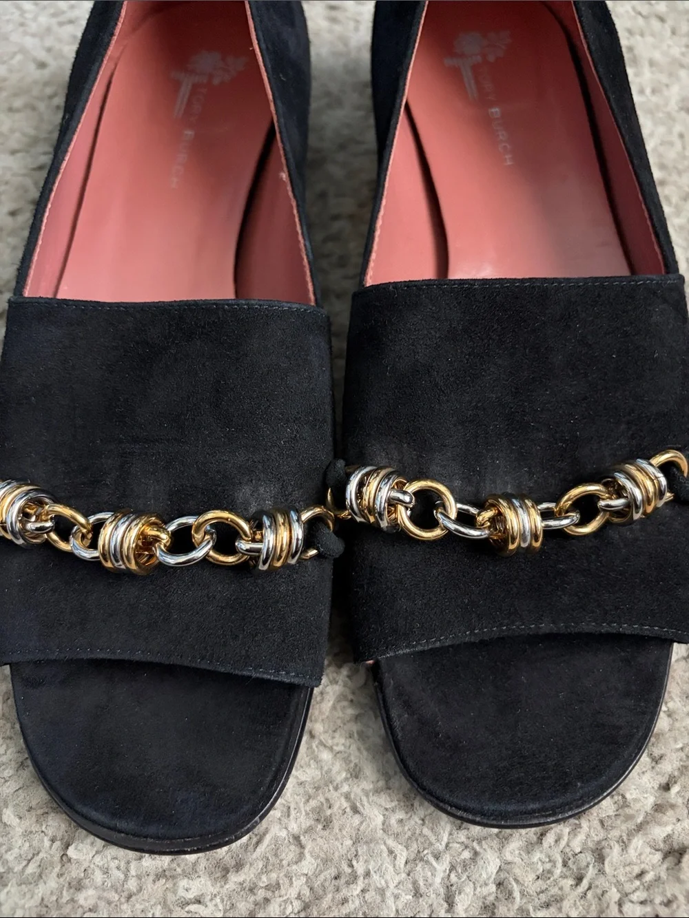Tory Burch Runway Chain Peep-Toe- Black Suede